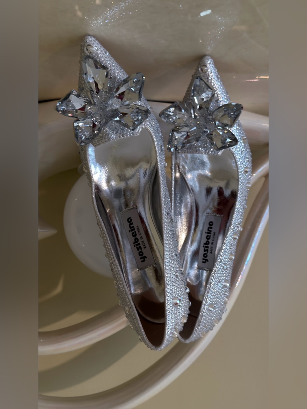 Crystal Embellished Pointed Toe Pumps in Silver - Picture 8 of 16